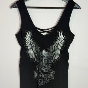 NWT Harley Davidson Tank Top Small Black Eagle Rhinestone Lace Back